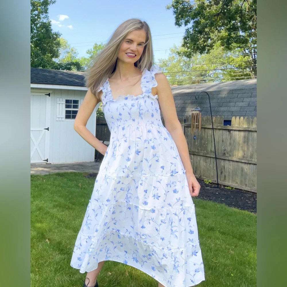 Hill House White Ellie Nap Dress Blue Botanica Smock Floral grad bump friendly - Picture 4 of 16